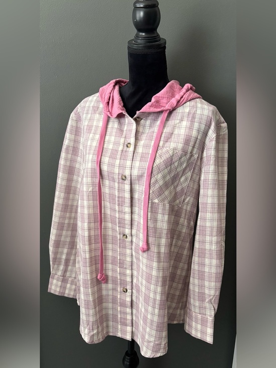 Tops - Women's Pink Plaid Hooded Shirt-Lightweight